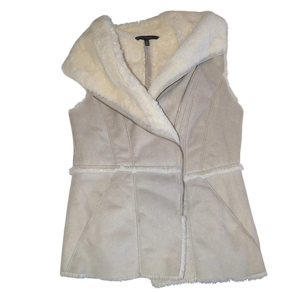 White House Black Market Faux Suede‎ Sherpa Lined Vest Beige Zip Cozy Women's M - Picture 7 of 10